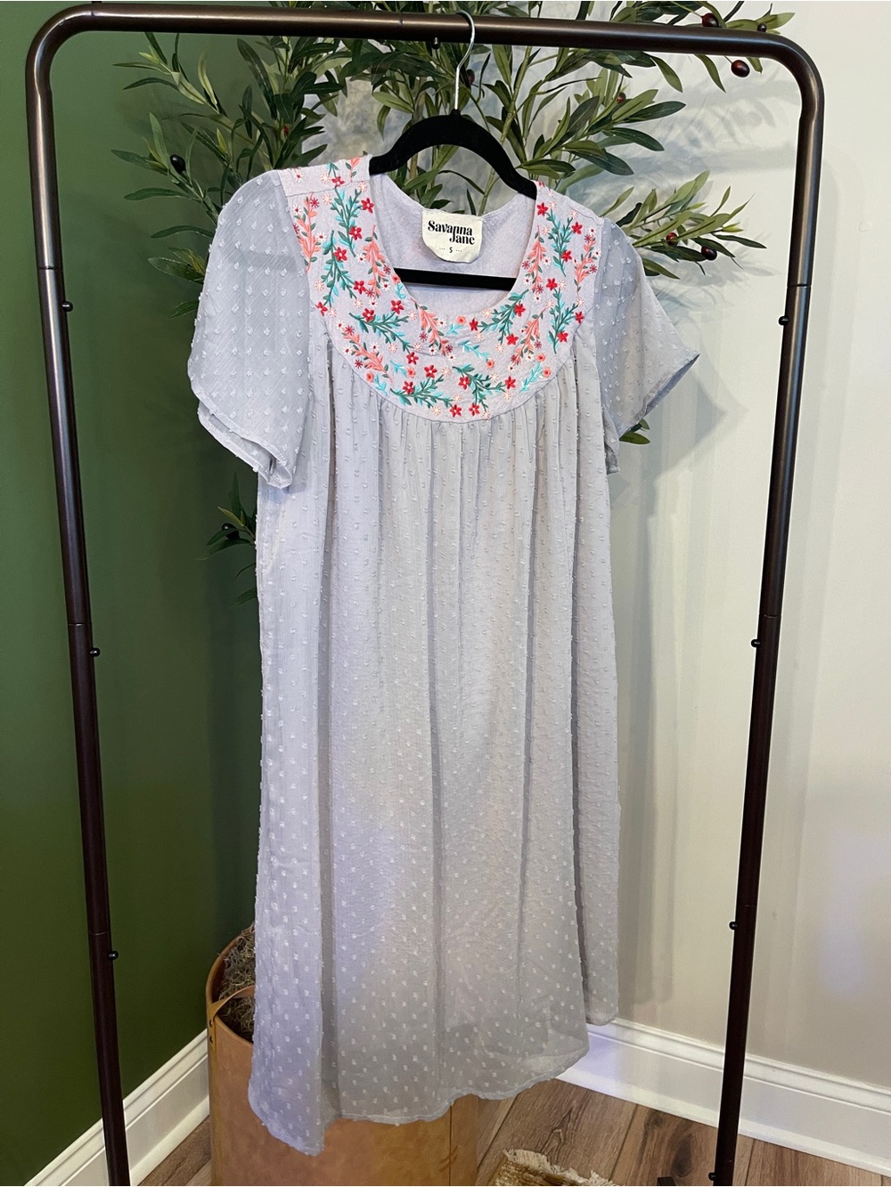 Savanna Jane Pale Blue Embroidered Yoke Midi Dress